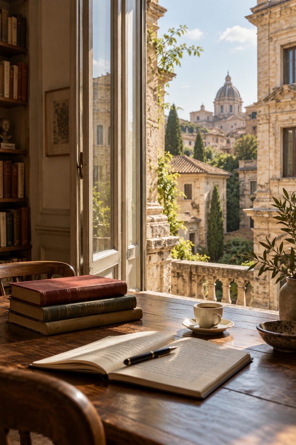 Books, an open notebook and espresso beside a sunlit window overlooking European stone architecture; an imagined editorial scene.